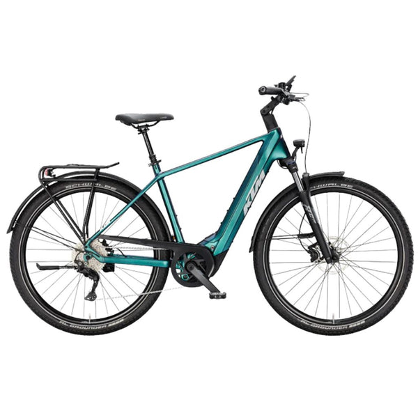 Bicicleta de trekking elétrica KTM Macina Gran 820 H verde e roxa com acabamento mate.