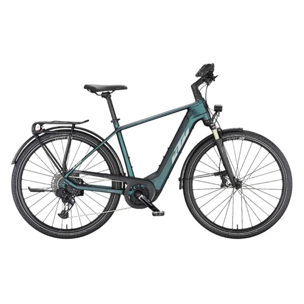 Bicicleta de trekking elétrica KTM Macina Sport 710 GX AXS verde e roxa com acabamento mate.