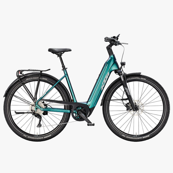 Bicicleta elétrica de trekking KTM Macina Gran 820 US Verde Roxo Flip Matt