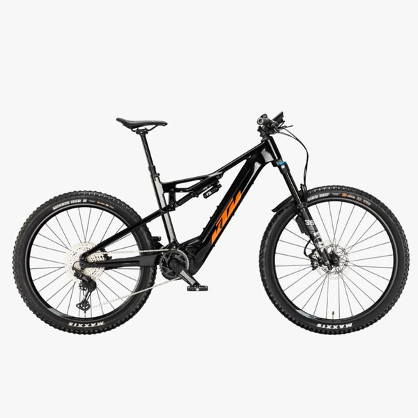 Bicicleta de montanha elétrica KTM Macina Kapoho LTD64 ABS, cor preto flamejante.