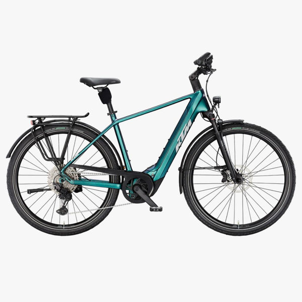 Bicicleta elétrica de trekking KTM Macina Style 810 D verde e roxa com acabamento mate. 