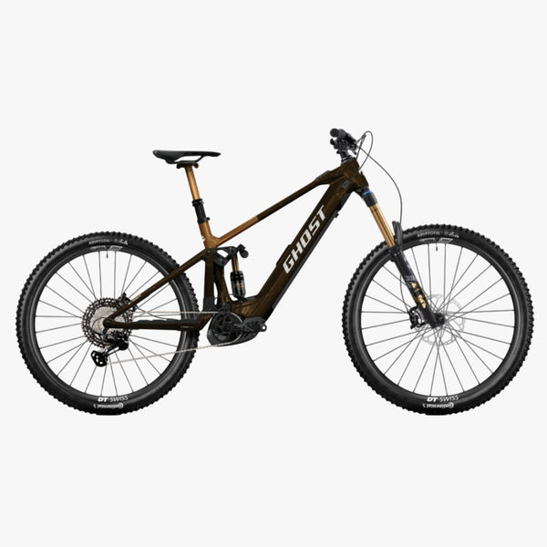 Bicicleta elétrica de montanha E-RIOT CF LTD, cor carbono visível/castanho terra, 2026 