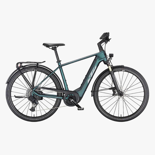Bicicleta de trekking elétrica KTM Macina Sport 710 GX AXS verde e roxa com acabamento mate.