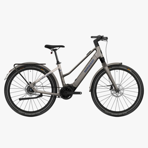 Bicicleta de trekking elétrica Winora IRIDE PURE R5F MID GL, cor latte/prata baunilha - modelo 2026, acabamento brilhante. 