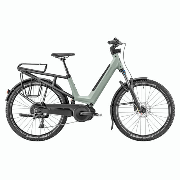 Bicicleta de trekking elétrica Moustache Xroad 4 FS verde, com suspensão em metal Argile, do ano 2026.