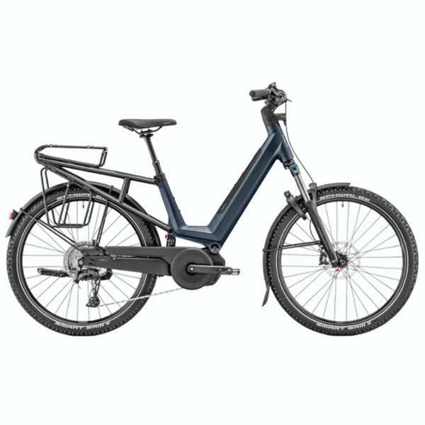 Bicicleta de trekking elétrica Mustache Xroad 6 FS azul marinho mate com suspensão e bateria de 600Wh (modelo 2026).