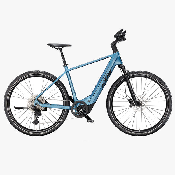Bicicleta de trekking elétrica KTM Macina Cross CX 810 H em azul aço mate.