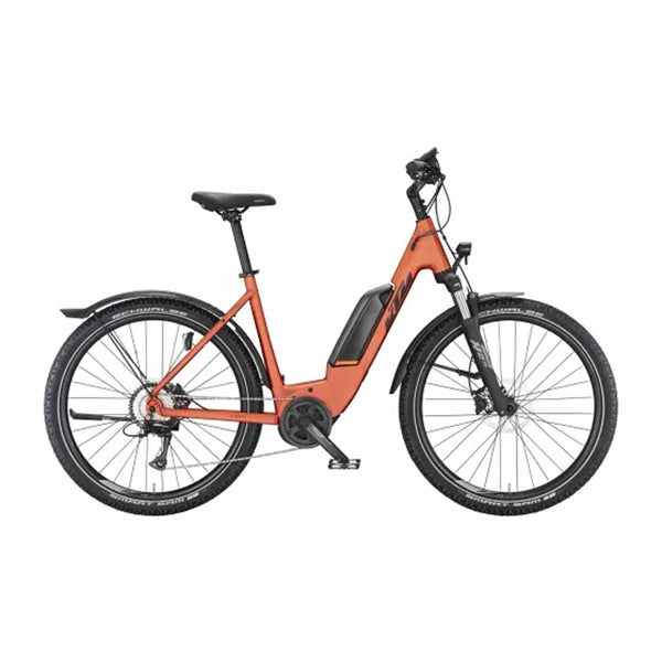 Bicicleta de trekking elétrica KTM MACINA AERA P571 STREET US 51 LARANJA QUEIMADO FOSCO (BLACK+O