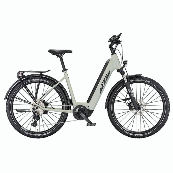 Bicicleta de montanha elétrica KTM Macina AERA 571 LFC, cor prata mate.