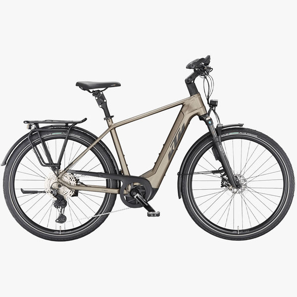 Bicicleta de trekking elétrica KTM Macina Style 720 ABS na cor Carvalho Mate 